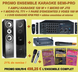 ENSEMBLE KARAOKE SEMI PRO AMPLI/ENCEINTES/1 MICRO HF/1 MICRO FIL + 3 DVD KARAOKE PRO