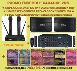 ENSEMBLE KARAOKE PRO PROMO AMPLI/ENCEINTES PRO/2 MICRO HF + 6 DVD KARAOKE PRO